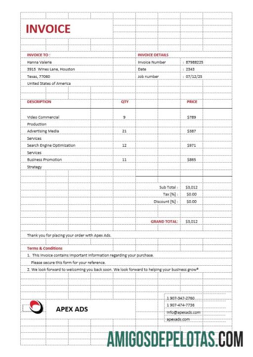 em branco Modelo de fatura de consultor de publicidade